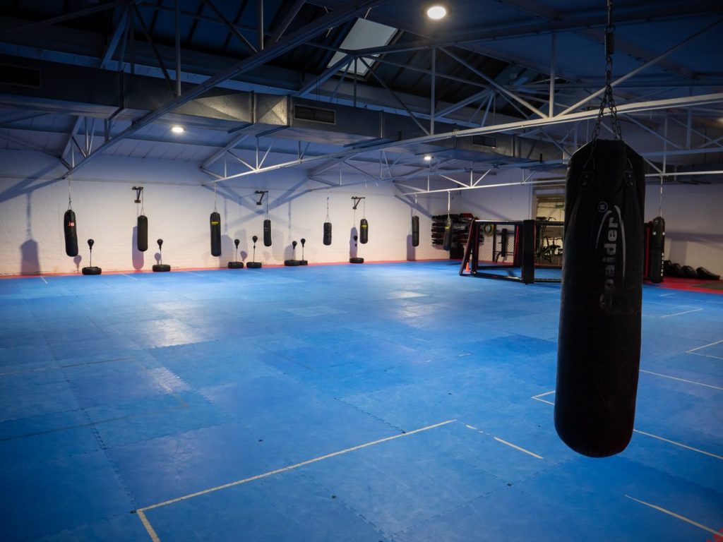 Weitwinkelblick in die Trainingshalle mit blauer Mattenfläche, Sandsackreihe und MMA-Käfig.