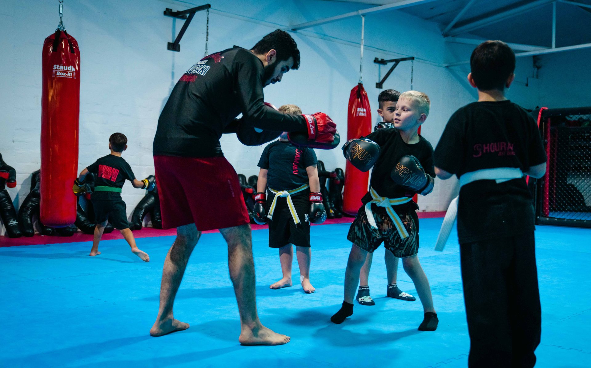 Ein Trainer hält im Kindertraining die Pratze, während mehrere Kinder in Trainingskleidung ihre Schlagkombination üben.