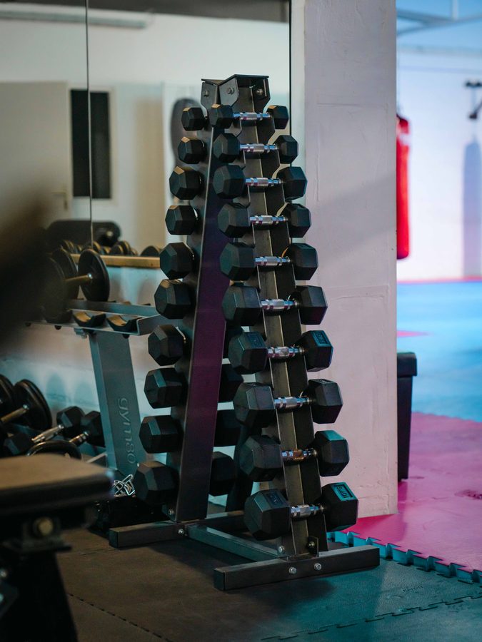 Personal Training in Aachen 8 Kurzhantelgestell mit aufgereihten Hanteln vor der Spiegelwand des Studios.