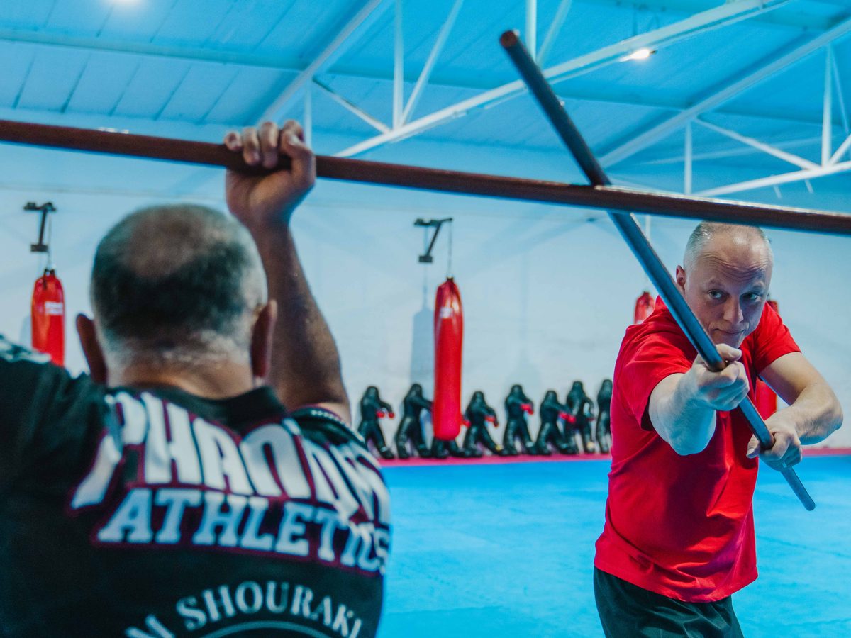 Untersicht auf einen Stockschlag von oben, im Hintergrund Trainingsdummys und Boxsäcke.