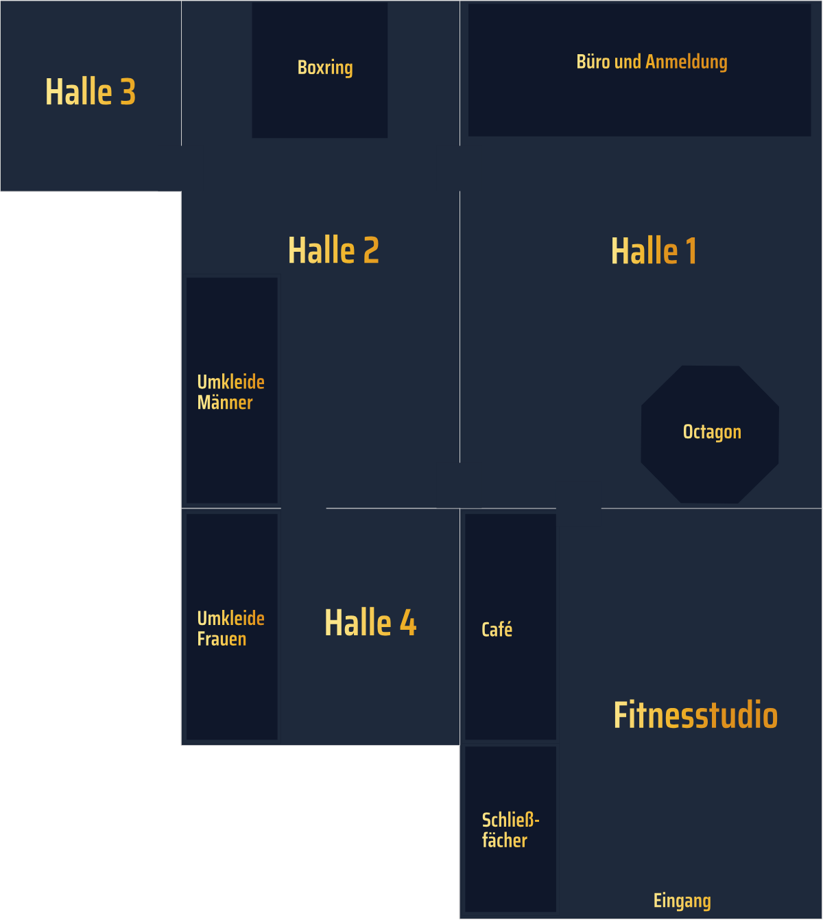 Illustrierter Lageplan der Trainingsfläche von Shouraki: fünf Hallen, Boxring, Octagon, Umkleiden, Café und Fitnessstudio.